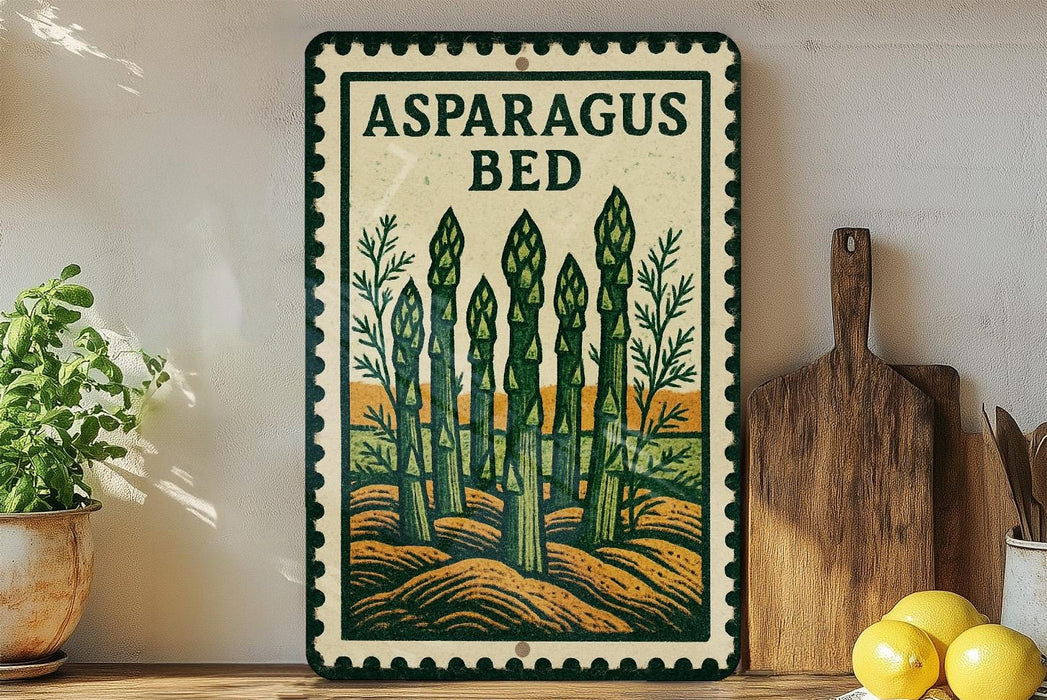 a decorative sign with a picture of asparagus on a wooden surface, accompanied by a wooden cutting board and a potted plant.