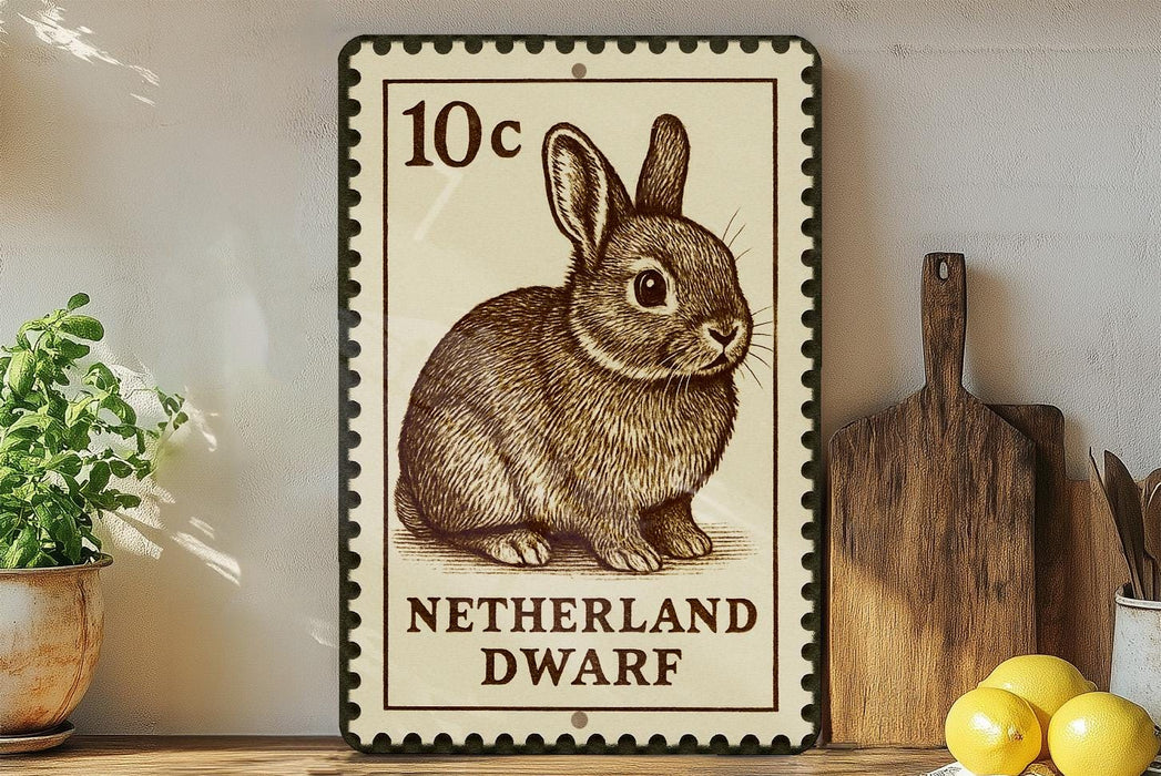 A 10 cent postage stamp from the Netherlands, featuring a detailed illustration of a rabbit, is displayed on a shelf next to a wooden cutting board and some lemons.