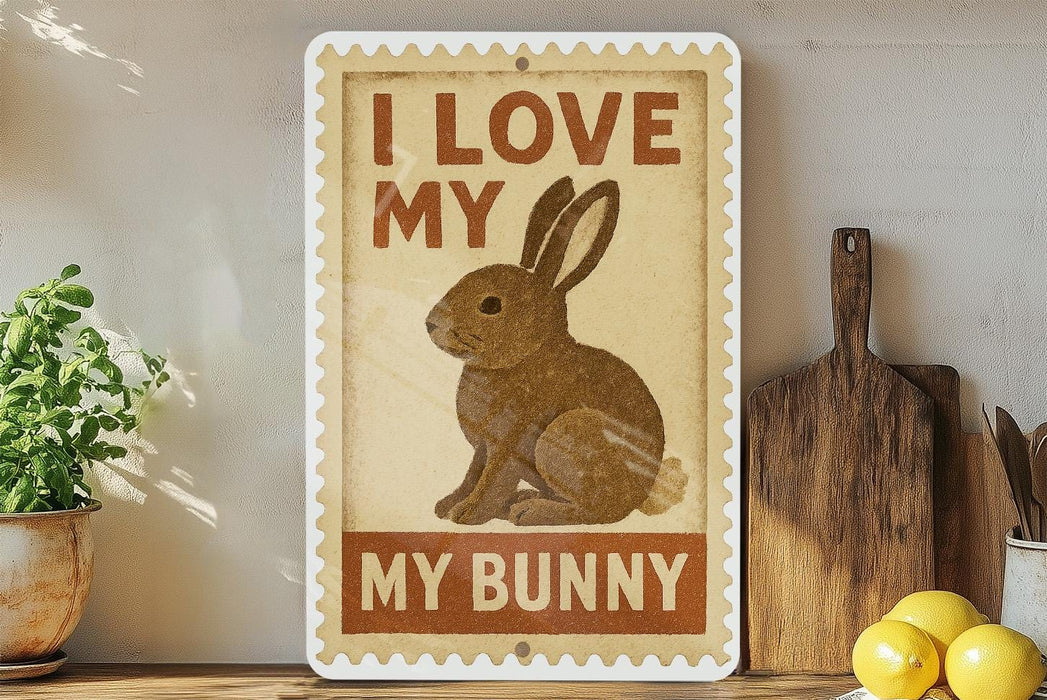 a sign with the text "I LOVE MY BUNNY" and an illustration of a rabbit. The sign is placed on a shelf next to a wooden cutting board and a potted plant.