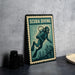 A metal sign with the word "SCUBA DIVING" printed on it, featuring an illustration of a scuba diver exploring underwater.