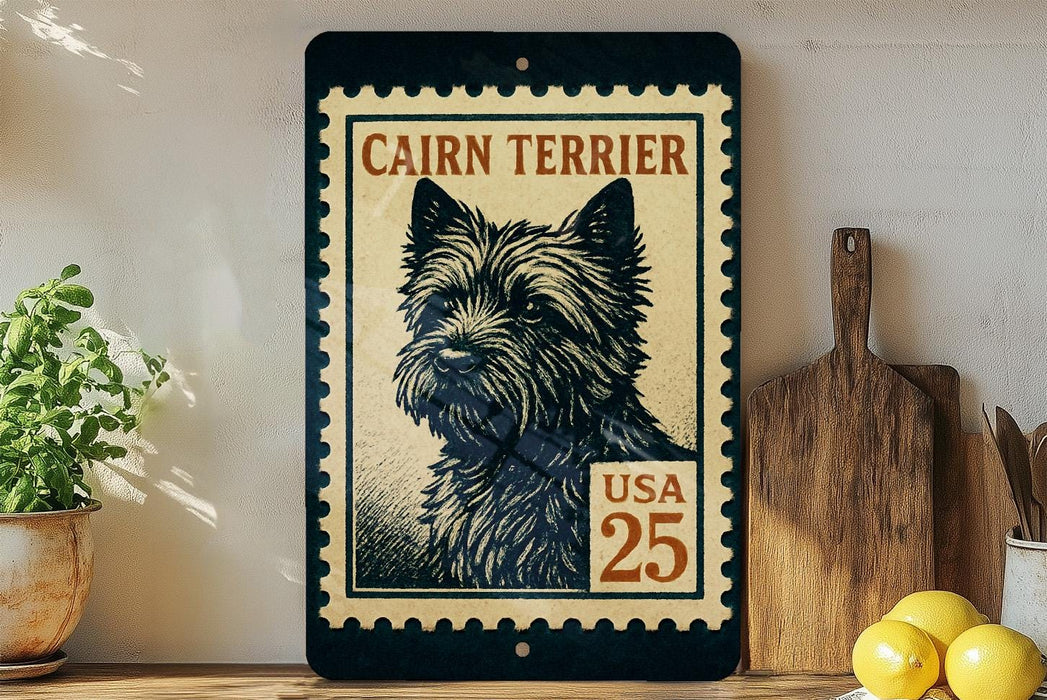A framed image of a cairn terrier dog, with a postage stamp-like border, is displayed on a shelf next to a wooden cutting board and some lemons.