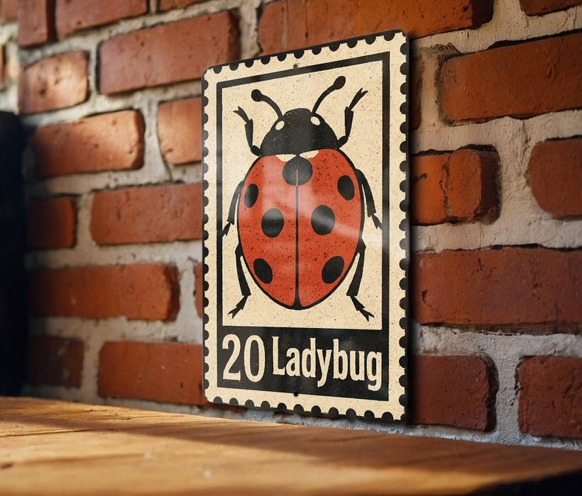 A metal sign featuring a ladybug illustration is mounted on a brick wall.