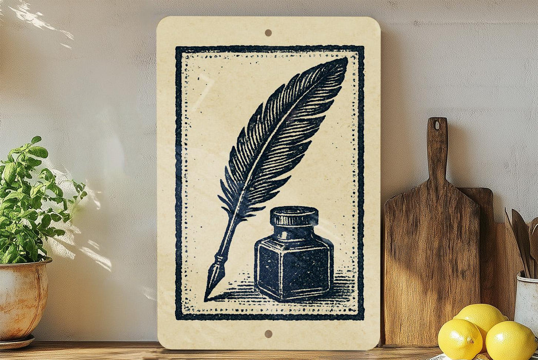 a wooden board with a black and white illustration of a quill pen and inkwell on it, placed on a wooden surface next to a potted plant and a wooden cutting board.
