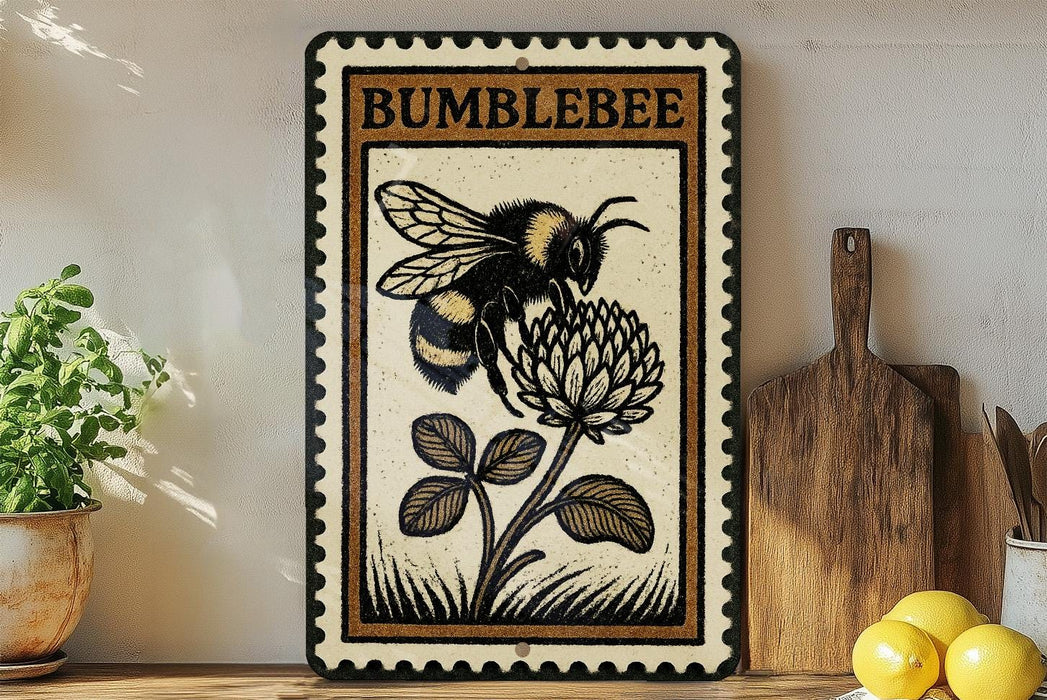 a framed illustration of a bumble bee on a flower, placed on a shelf next to a wooden cutting board and some lemons.