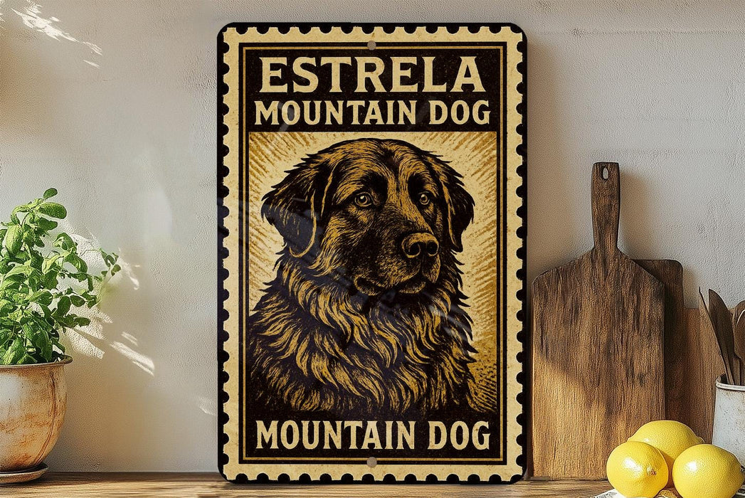 A vintage-style metal sign with a black and gold design, featuring a large illustration of a mountain dog. The sign is mounted on a wall and is surrounded by various kitchen items, such as a cutting board, a knife, and a bowl.