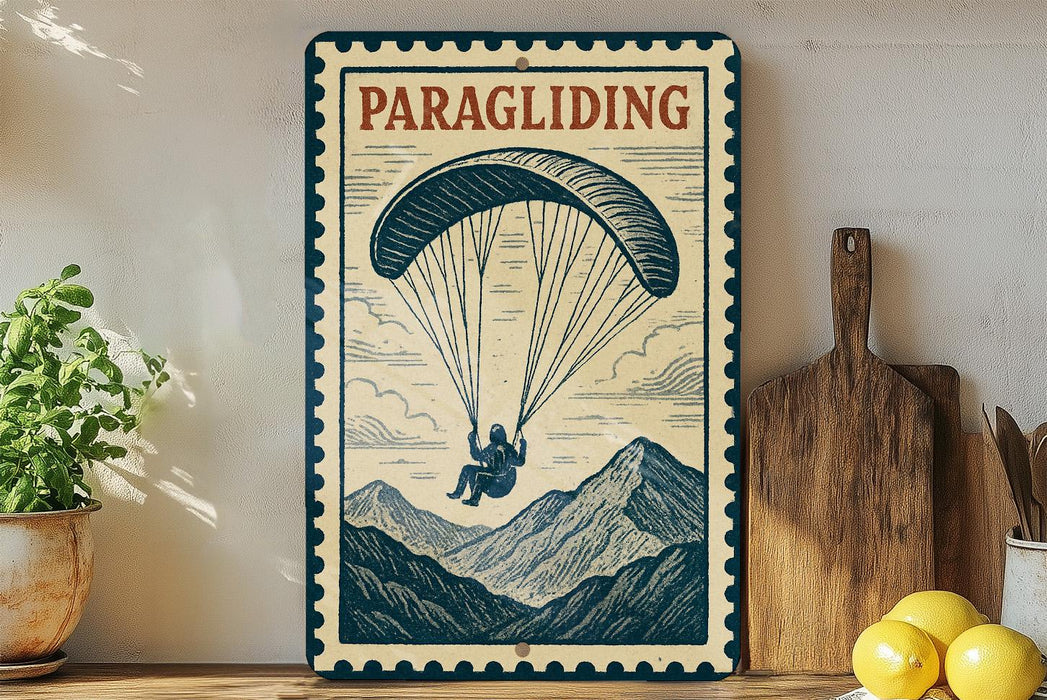 A vintage-style metal sign with the word "PARAGLIDING" printed on it, featuring an illustration of a person paragliding over a mountain landscape.