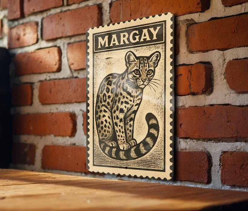 A framed illustration of a leopard is displayed on a brick wall, with the word "MARGAY" written above it.