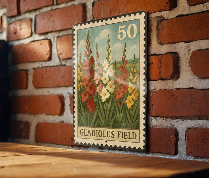 A vintage postage stamp featuring a field of colorful flowers, mounted on a brick wall.