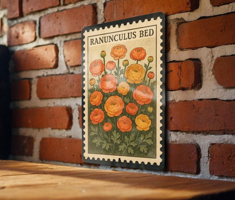 A framed illustration of a bed of orange and yellow flowers is displayed on a brick wall.
