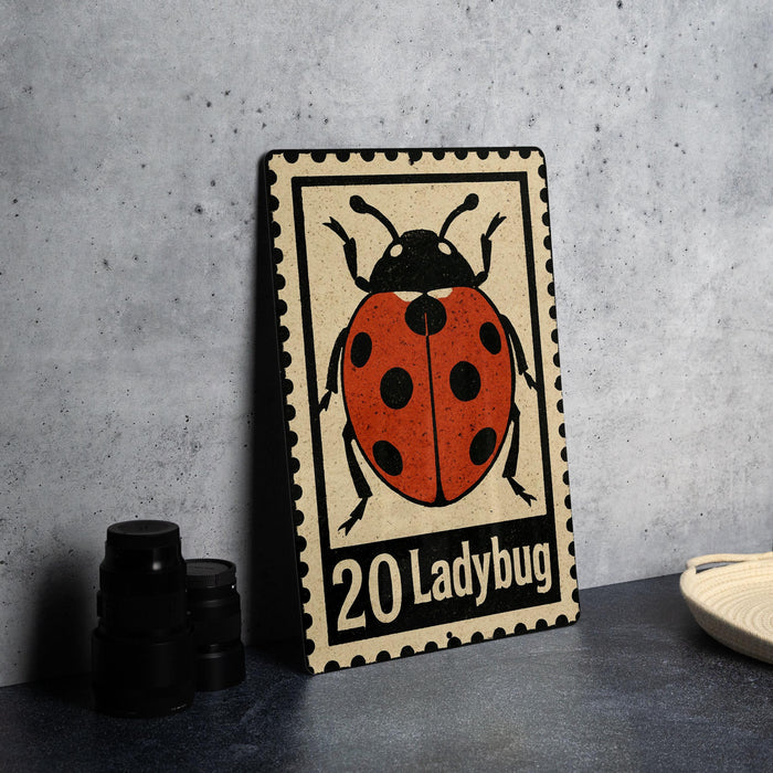 A metal sign featuring a ladybug design, with the text "20 Ladybug" on it, is displayed on a table next to some black camera lenses.