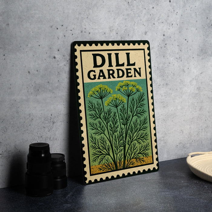 A metal sign with the text "DILL GARDEN" and an illustration of a plant is displayed on a table next to some black camera lenses.