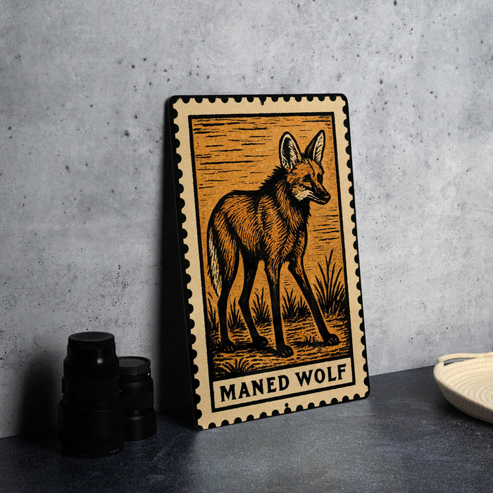a framed illustration of a maned wolf, which is a type of wolf, on a wall.