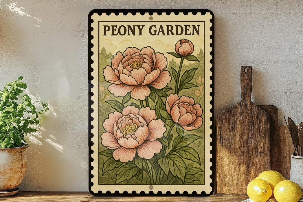 A framed illustration of a peony flower is displayed on a shelf, accompanied by a wooden cutting board and a potted plant.