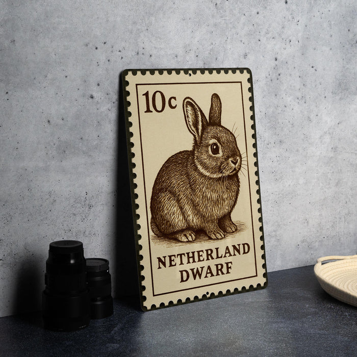 A metal stamp featuring a rabbit, with the text "Netherland dwarf" printed on it.