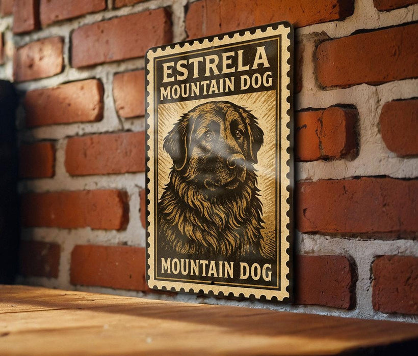 A vintage-style metal sign with a dog illustration and the text "ESTRELLA MOUNTAIN DOG" is displayed on a brick wall.
