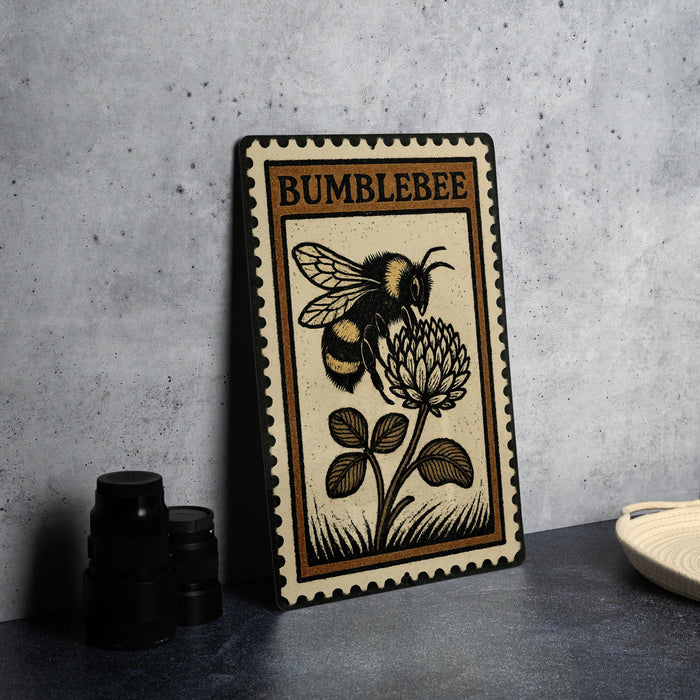 A framed illustration of a bumblebee on a flower is displayed on a table, accompanied by a stack of black camera lenses and a woven basket.