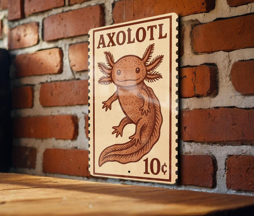 A wooden sign featuring an illustration of an axolotl, a type of salamander, mounted on a brick wall.