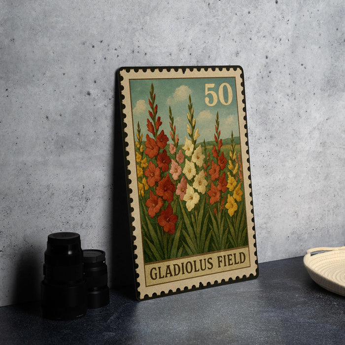 A metal stamp with a floral design, featuring a variety of colorful flowers, is displayed on a table.