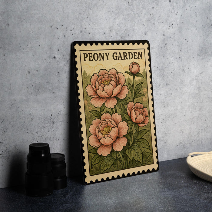 A framed illustration of a peony flower on a wall, with the text "PEONY GARDEN" printed on it.