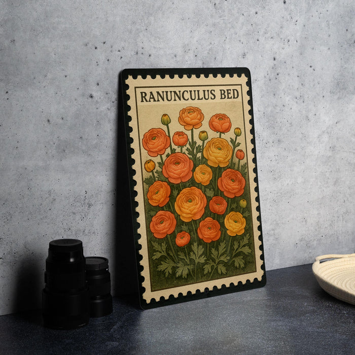 A framed illustration of a bed with orange and yellow flowers, resembling a postage stamp design, is displayed on a table.