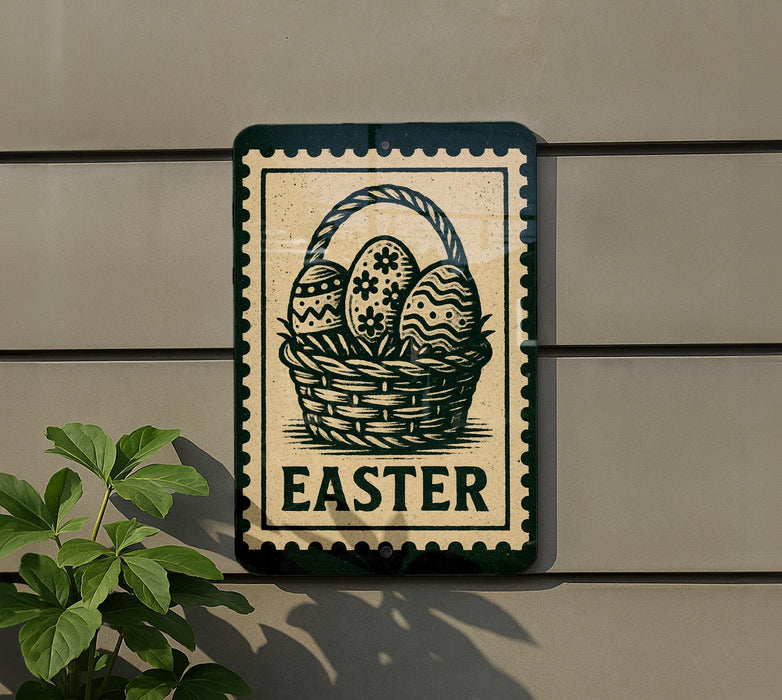 a sign with a basket of Easter eggs on it, mounted on a wall.