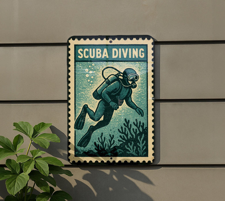 A metal sign with a scuba diver illustration, mounted on a wall next to a plant.