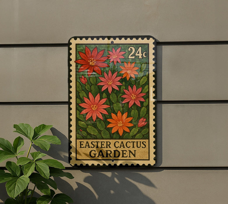 a sign for the Easter Cactus Garden, which is a postage stamp-like sign with a floral design and the text "Easter Cactus Garden" displayed on it.