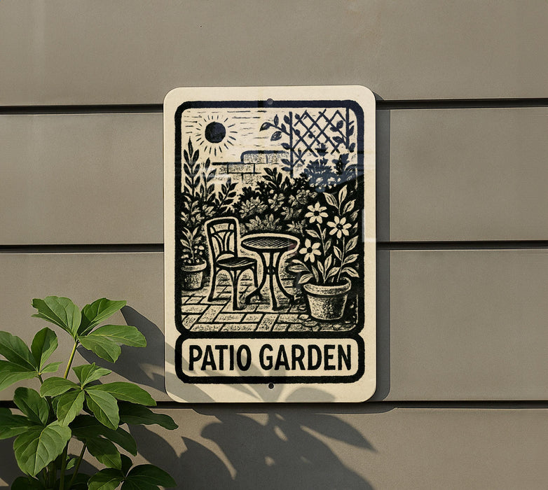 A sign for a patio garden, featuring a black and white illustration of a patio area with a table and chairs, surrounded by potted plants.