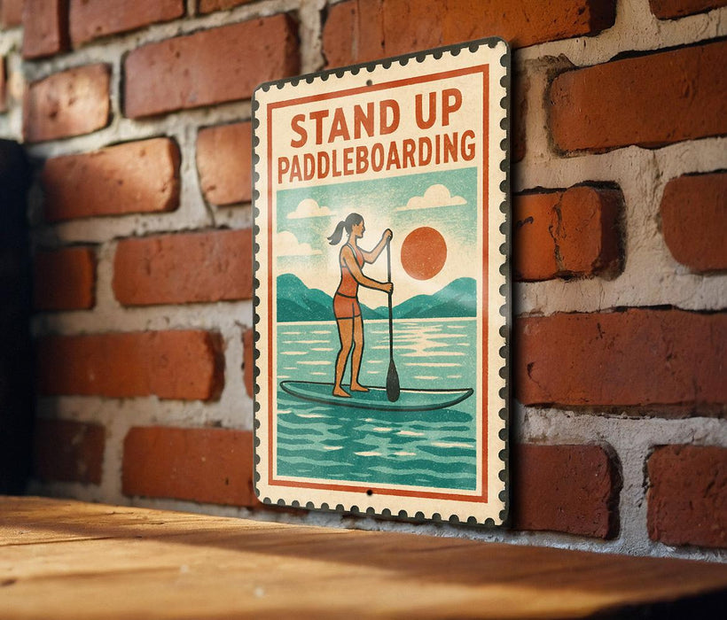 A vintage-style metal sign with a woman paddleboarding on a calm body of water, mounted on a brick wall.