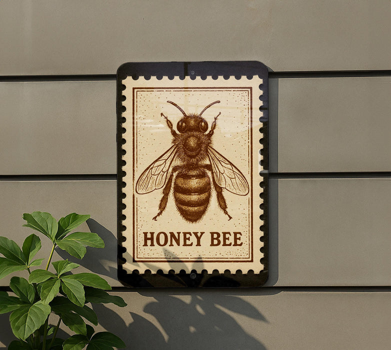 a honey bee on a postage stamp-like frame, mounted on a wall.