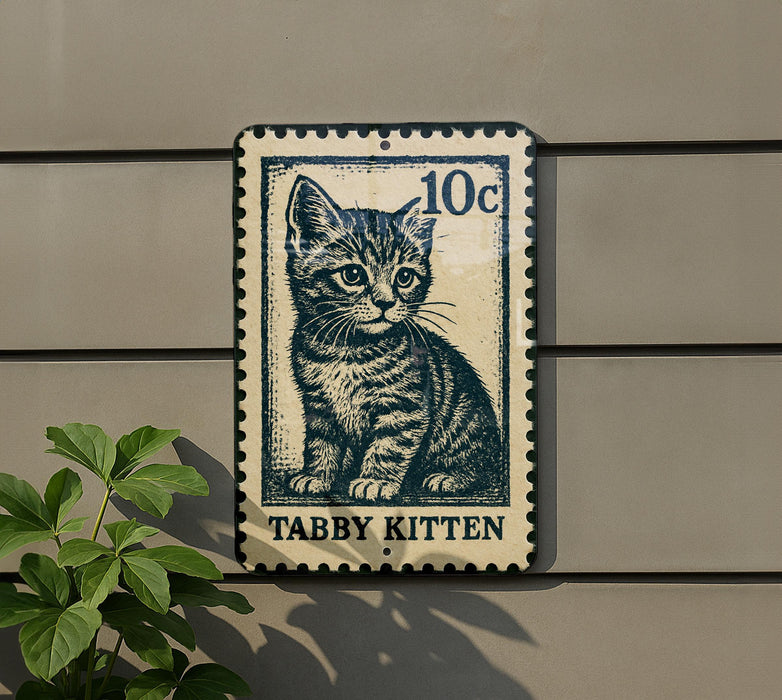 A metal sign featuring a cat illustration and the text "Tubby Kitten" is mounted on a wall.
