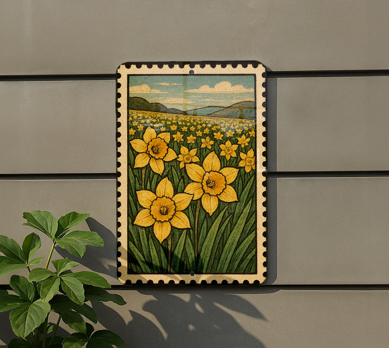 a framed painting of a field of yellow daffodils against a backdrop of green grass and hills.