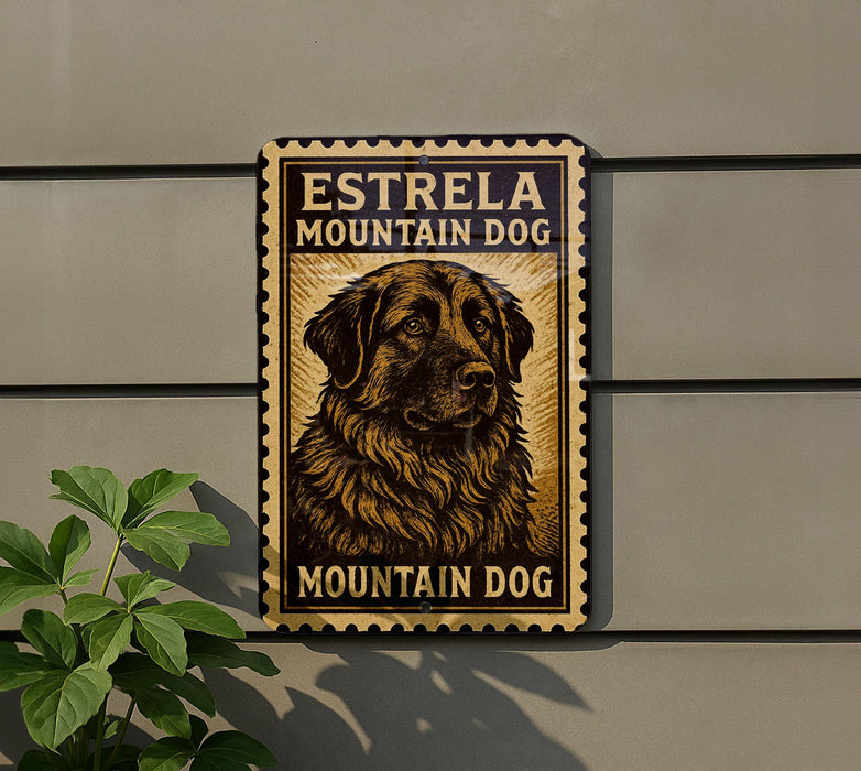 a sign with a dog on it, mounted on a wall.