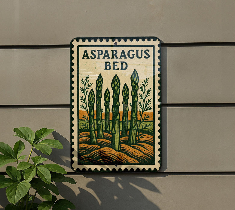 a sign with the text "Asparagus Bed" and an illustration of a field with asparagus plants.