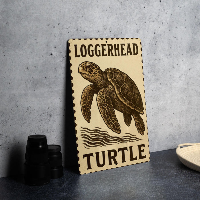 A wooden sign with a turtle illustration and the word "Loggerhead" written on it, placed on a countertop next to some black camera lenses.