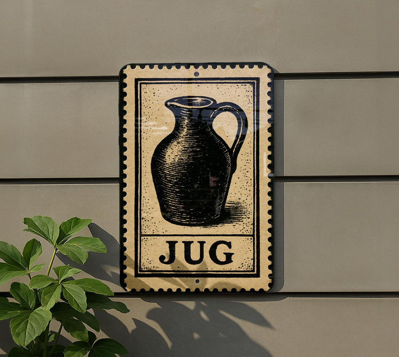 a sign with a black and white illustration of a jug, mounted on a wall.