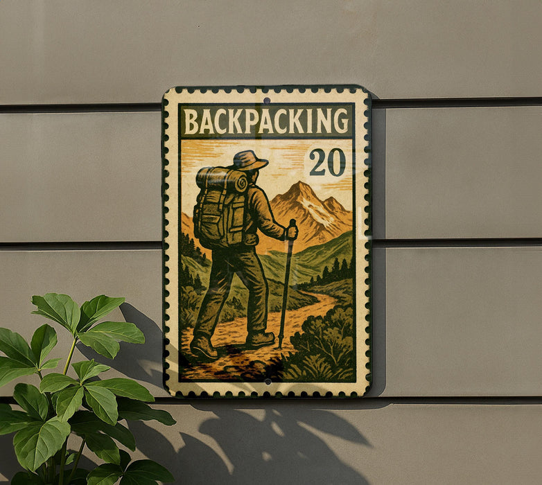 A vintage-style stamp-like sign with a backpacker illustration, mounted on a wall next to a plant.