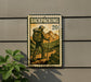 A vintage-style stamp-like sign with a backpacker illustration, mounted on a wall next to a plant.
