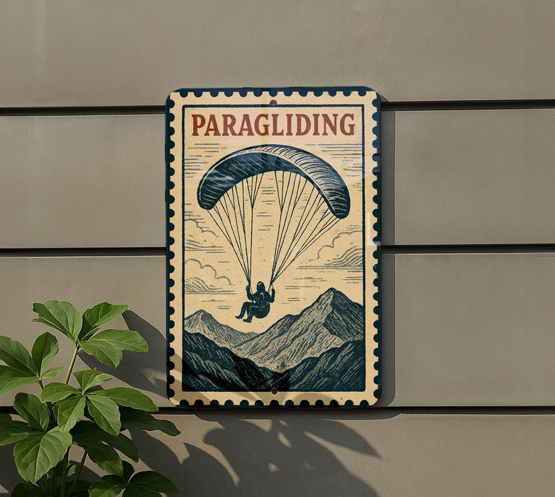 A vintage-style metal sign with the word "PARAGLIDING" prominently displayed, featuring an illustration of a person paragliding over a mountainous landscape.