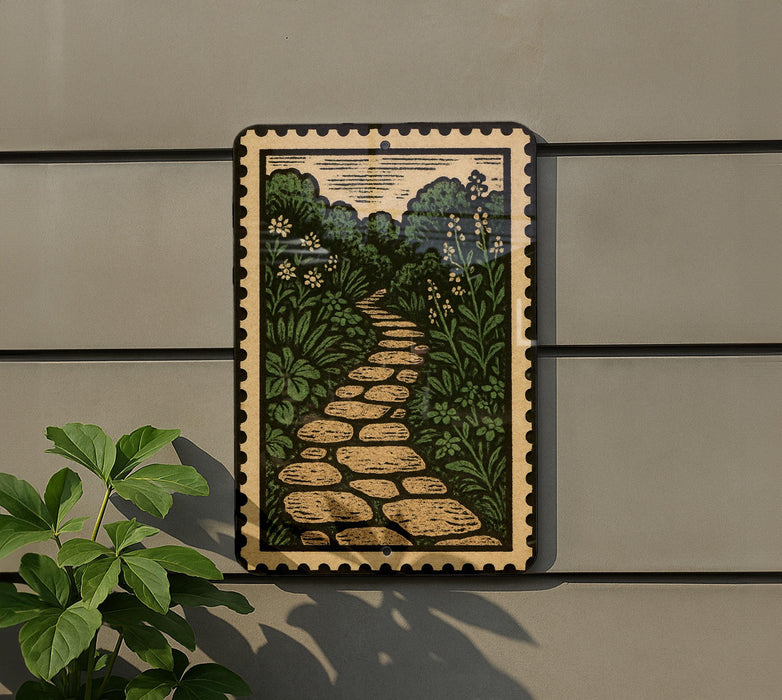 a framed illustration of a stone path winding through a lush, green landscape with flowers and foliage.