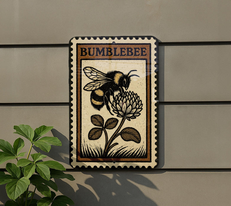 a decorative sign with a bee and a flower, mounted on a wall.