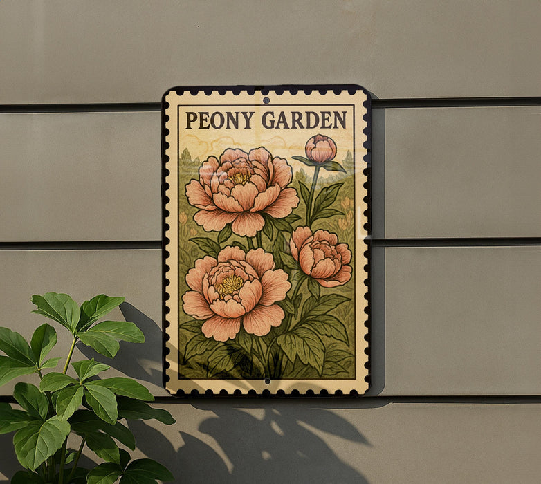 A decorative metal sign with a floral design, mounted on a wall, featuring three large pink peonies.