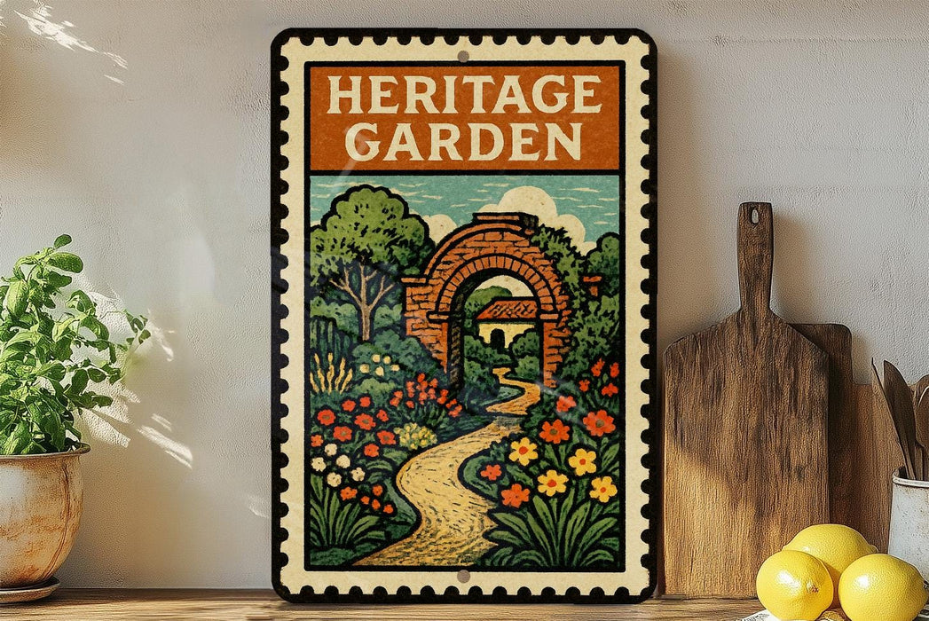 A vintage-style metal sign with a garden scene and a path leading to a brick archway, displayed on a shelf next to a wooden cutting board and a potted plant.