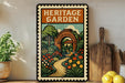 A vintage-style metal sign with a garden scene and a path leading to a brick archway, displayed on a shelf next to a wooden cutting board and a potted plant.