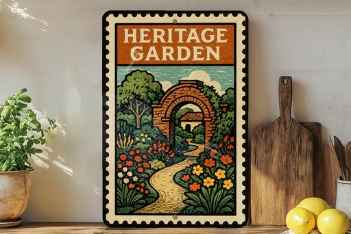 A vintage-style metal sign with a garden scene and a path leading to a brick archway, displayed on a shelf next to a wooden cutting board and a potted plant.