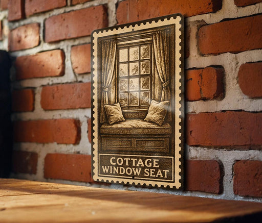 A wooden table with a vintage-style metal sign featuring a window seat and curtains hanging on a brick wall.
