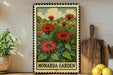 A framed illustration of a garden with red flowers is displayed on a shelf, accompanied by a wooden cutting board and a potted plant.