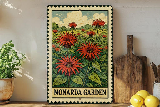 A framed illustration of a garden with red flowers is displayed on a shelf, accompanied by a wooden cutting board and a potted plant.