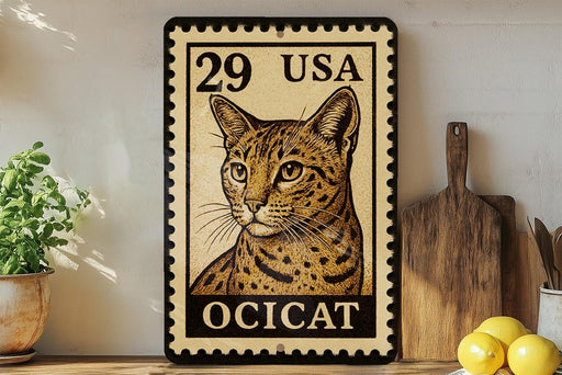 A framed image of a cat, specifically aOCICAT, is displayed on a shelf next to a wooden cutting board and some potted plants.