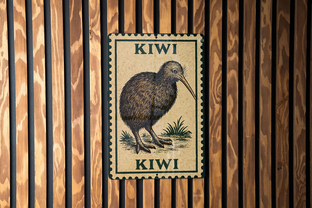 A metal sign featuring a kiwi bird illustration is mounted on a wooden wall.